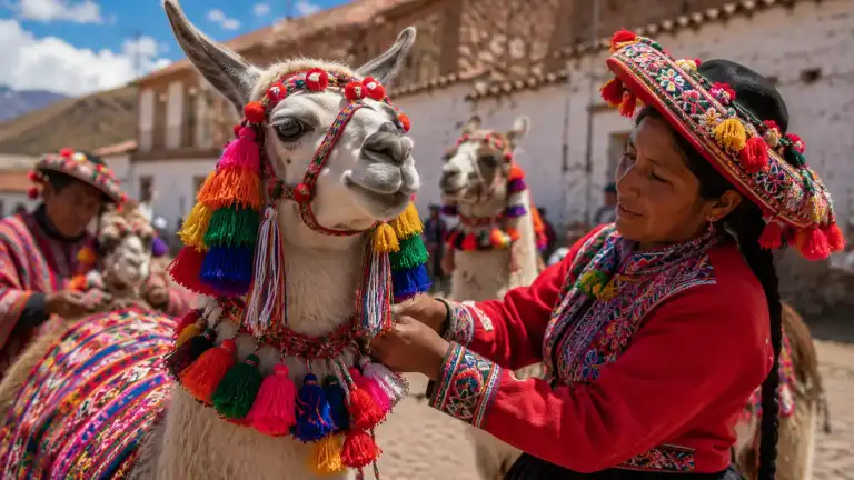 Peruvians Decorate Llamas Colorfully, Daily World Culture